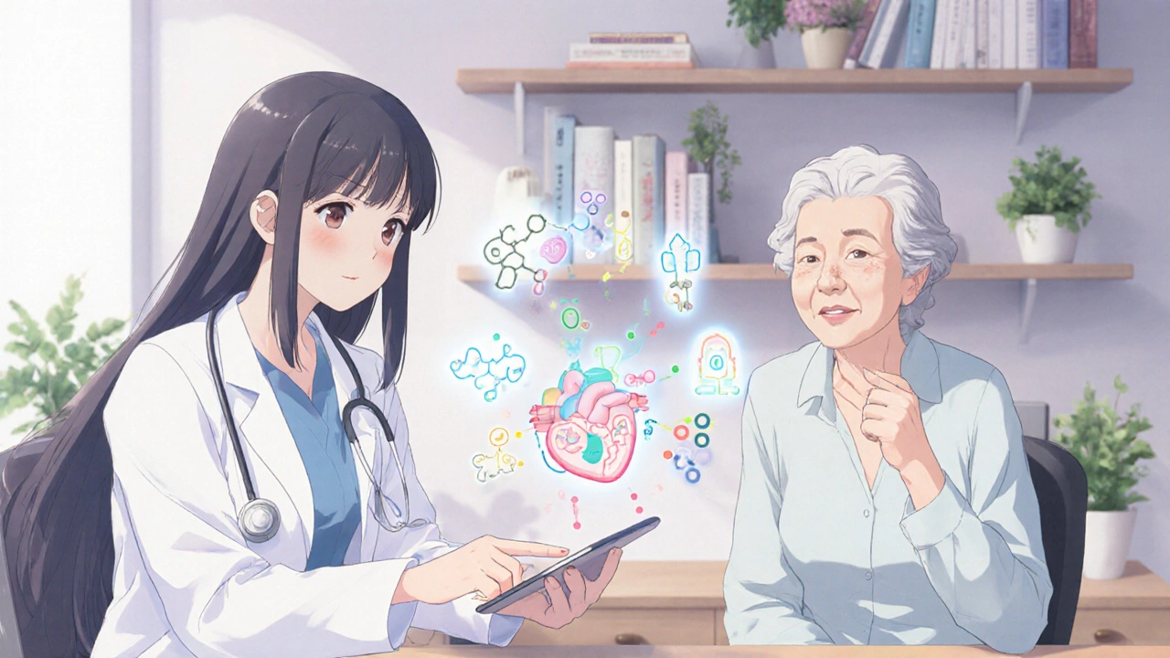 A doctor and patient discussing heart metabolism in a calm, pastel-toned office.