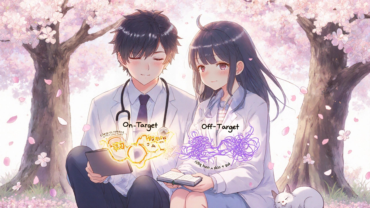 A doctor and patient under cherry blossoms, viewing two drug effect paths — one clean, one tangled — in a peaceful anime setting.