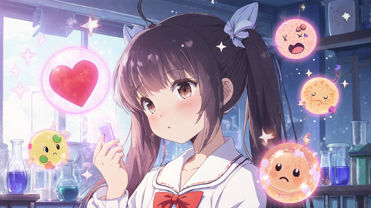 A young woman surrounded by unintended protein targets glowing from a drug’s energy trail in a whimsical lab.