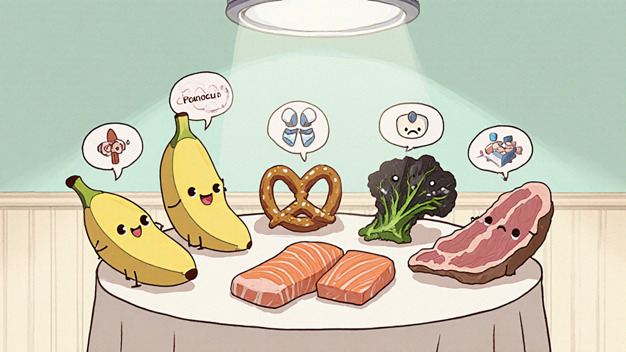 Adorable anthropomorphic foods—smiling banana, salmon, nuts—standing beside frowning processed meat, highlighting nutrients for blood pressure control.