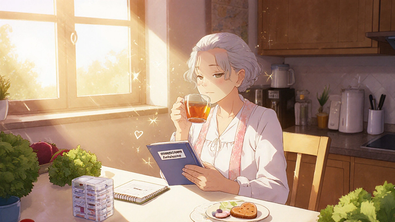 An older woman keeping a symptom diary with ranolazine pills beside her tea.