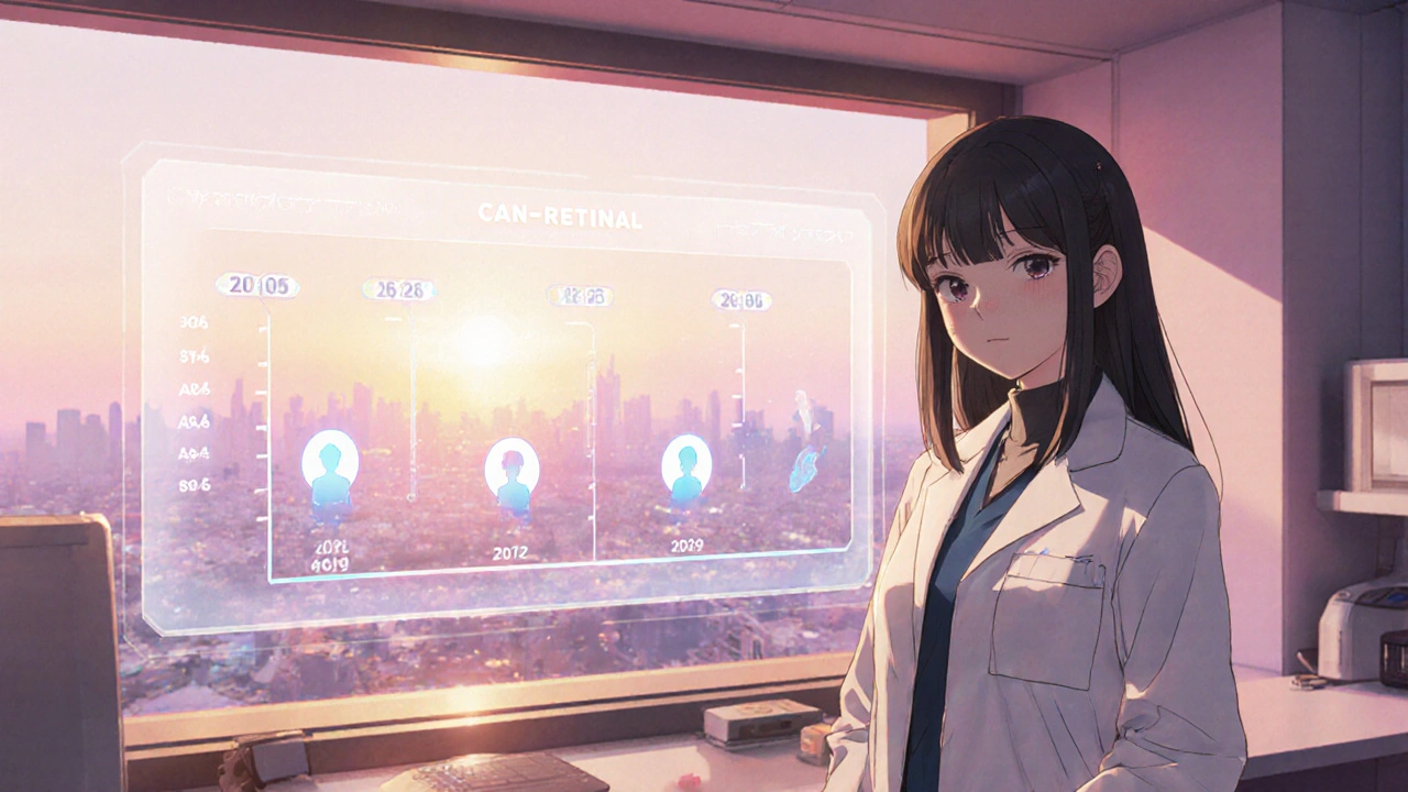 Cheerful researcher presenting a holographic CAN‑RETINA trial timeline.