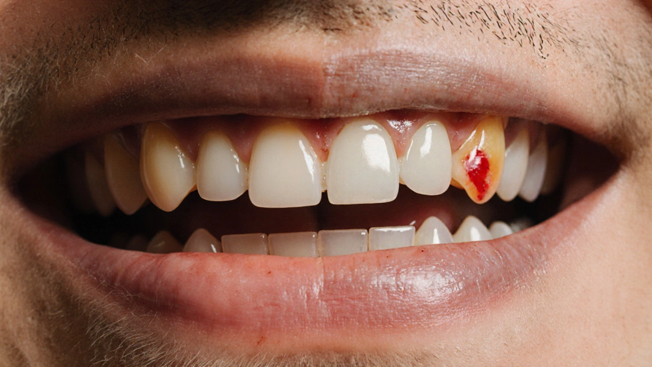 Close-up of mouth showing ulcer, enamel erosion, and bleeding gums.