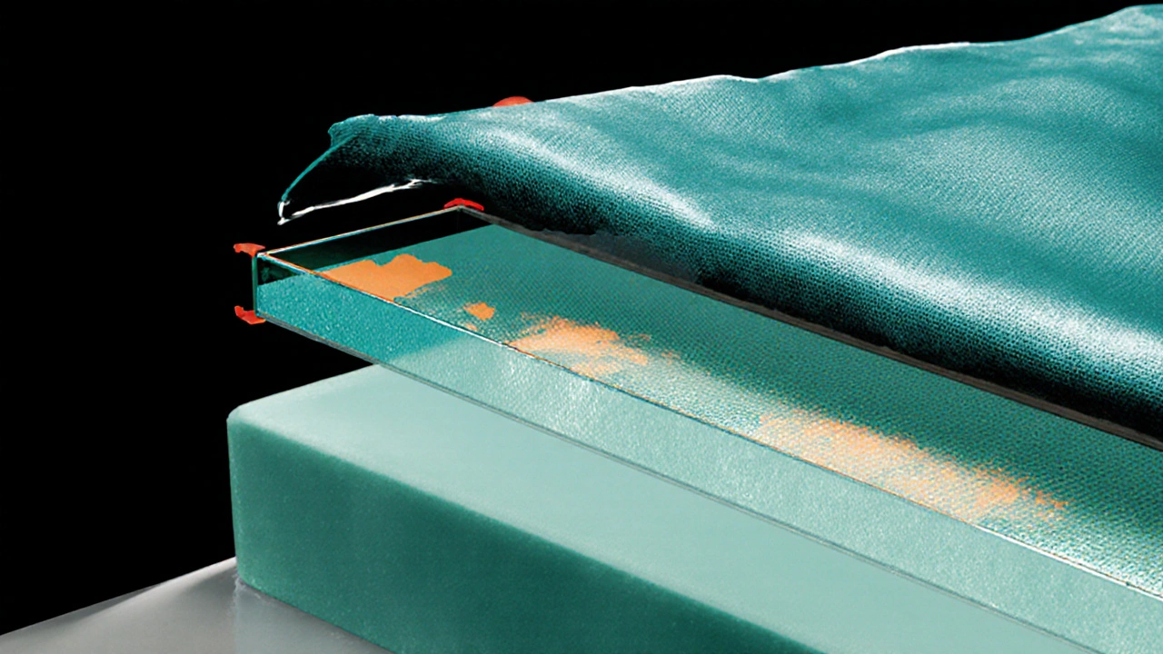 Close‑up of waterproof bedding layers showing cotton, PU film, and microfiber.