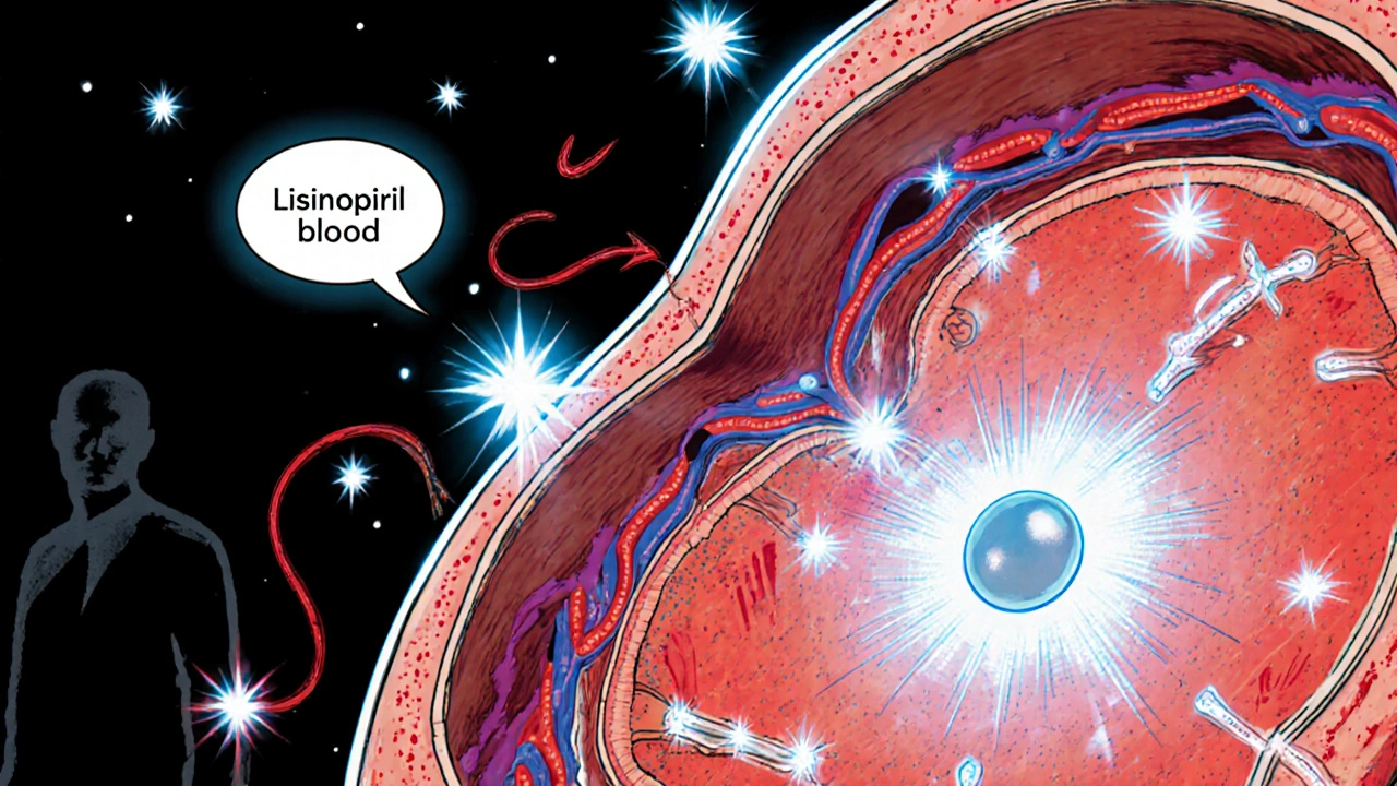 Comic panel shows blood flow to penis with glowing nitric oxide particles after Lisinopril.