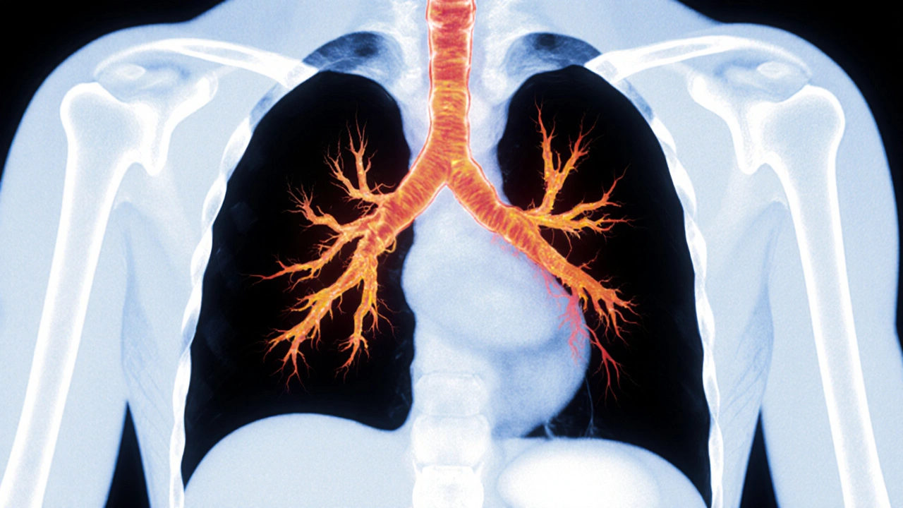 CT scan view of lungs highlighting a red clot blocking a pulmonary artery branch.