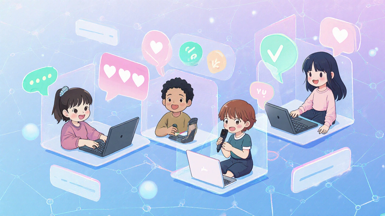 Cute anime characters chatting online with laptops and phones, bright bubble icons.