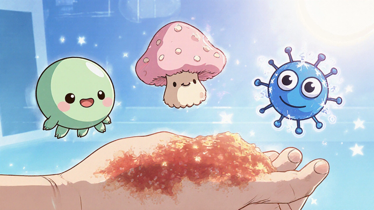 Cute cartoon microbes surrounding a patch of sunburned skin, showing infection risk.