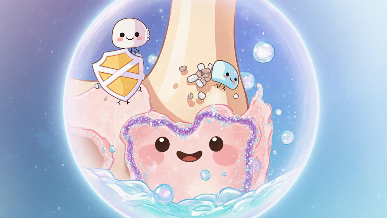 Cute joint interior showing PPS capsules blocking cytokines and protecting cartilage.