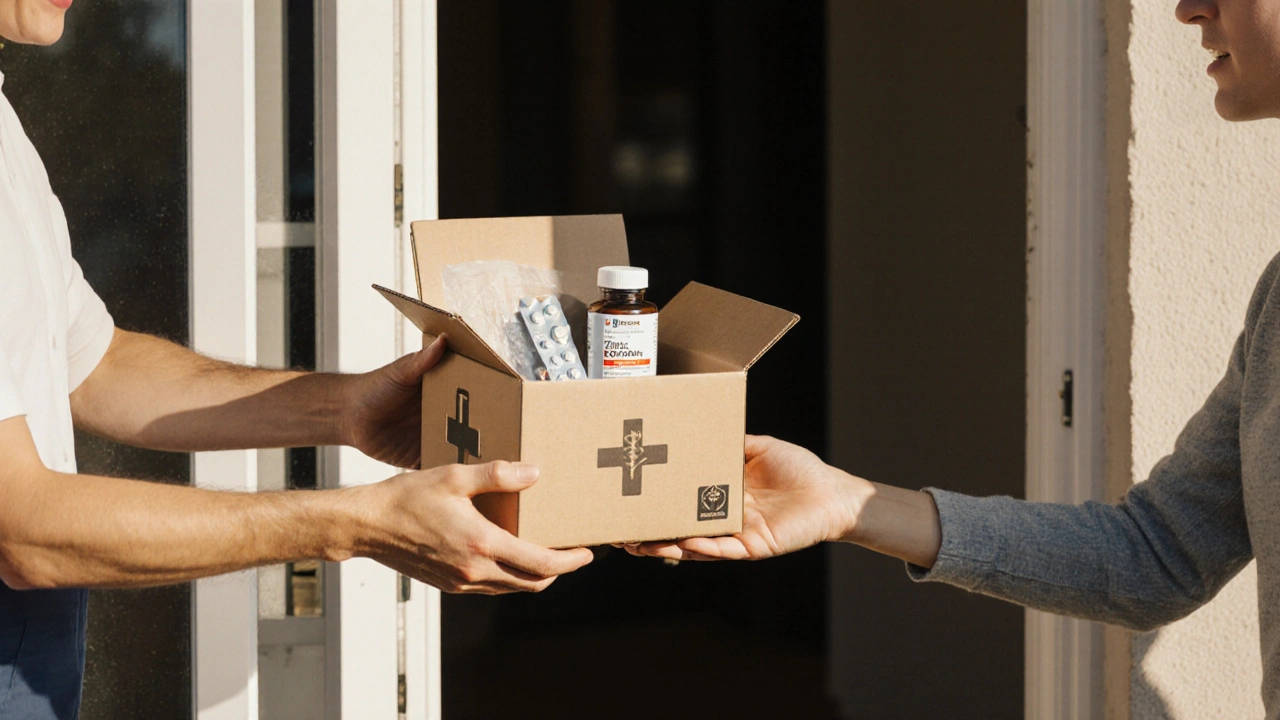 Delivery person handing a sealed parcel containing Zovirax tablets to a happy recipient at a doorstep.