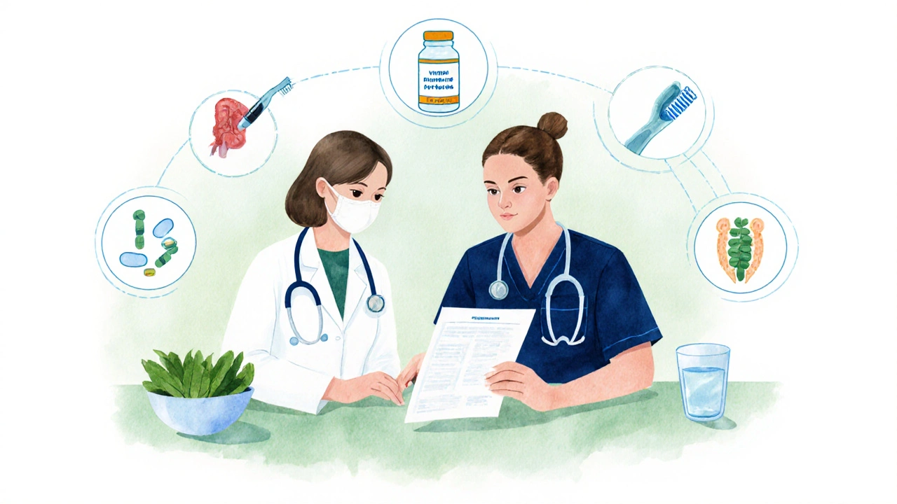 Dentist and gastroenterologist discussing care with supplements, food, and oral hygiene items.