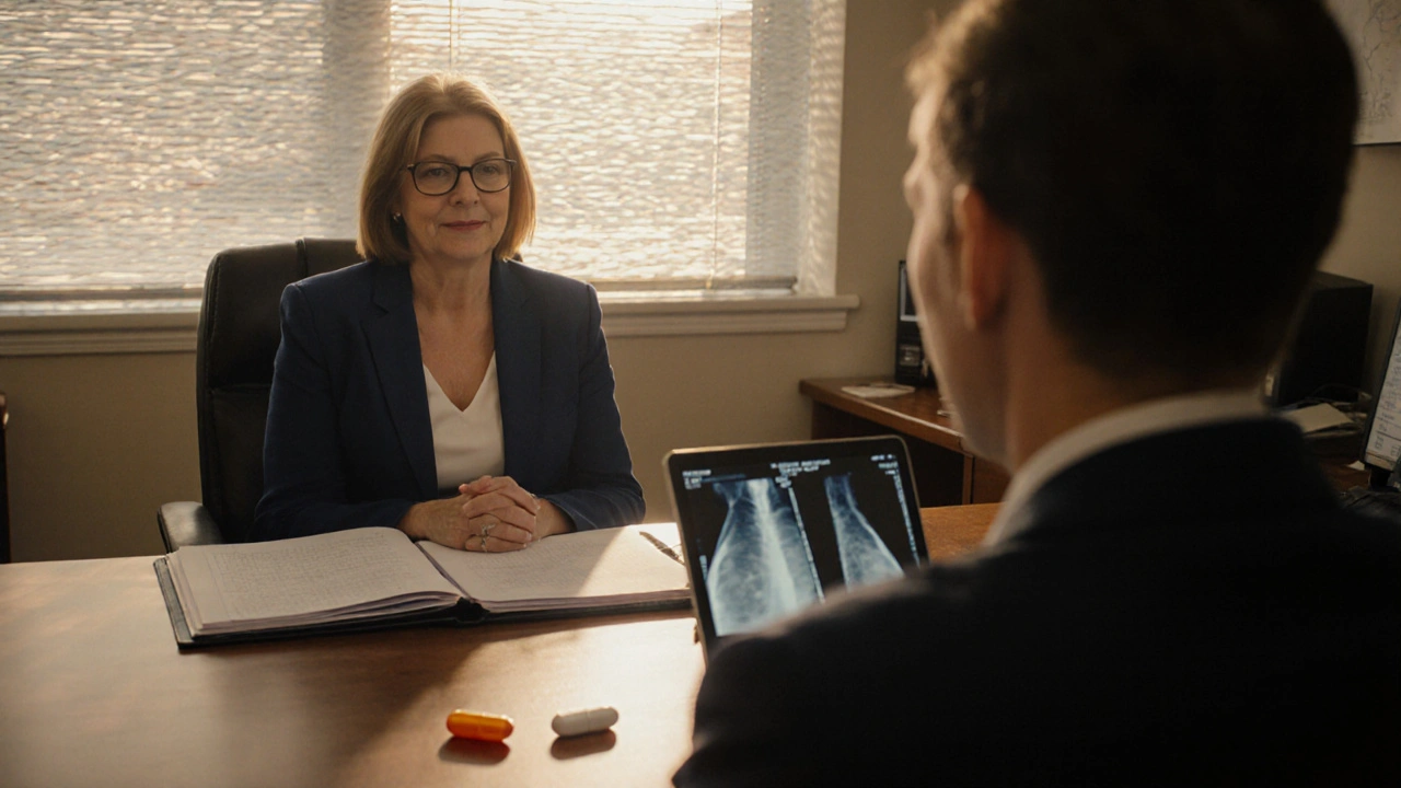 Doctor discussing treatment with patient, pills on desk, DEXA scan visible.