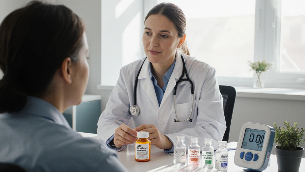 Doctor reviewing ACE inhibitor bottle and lab results with patient in a bright office.