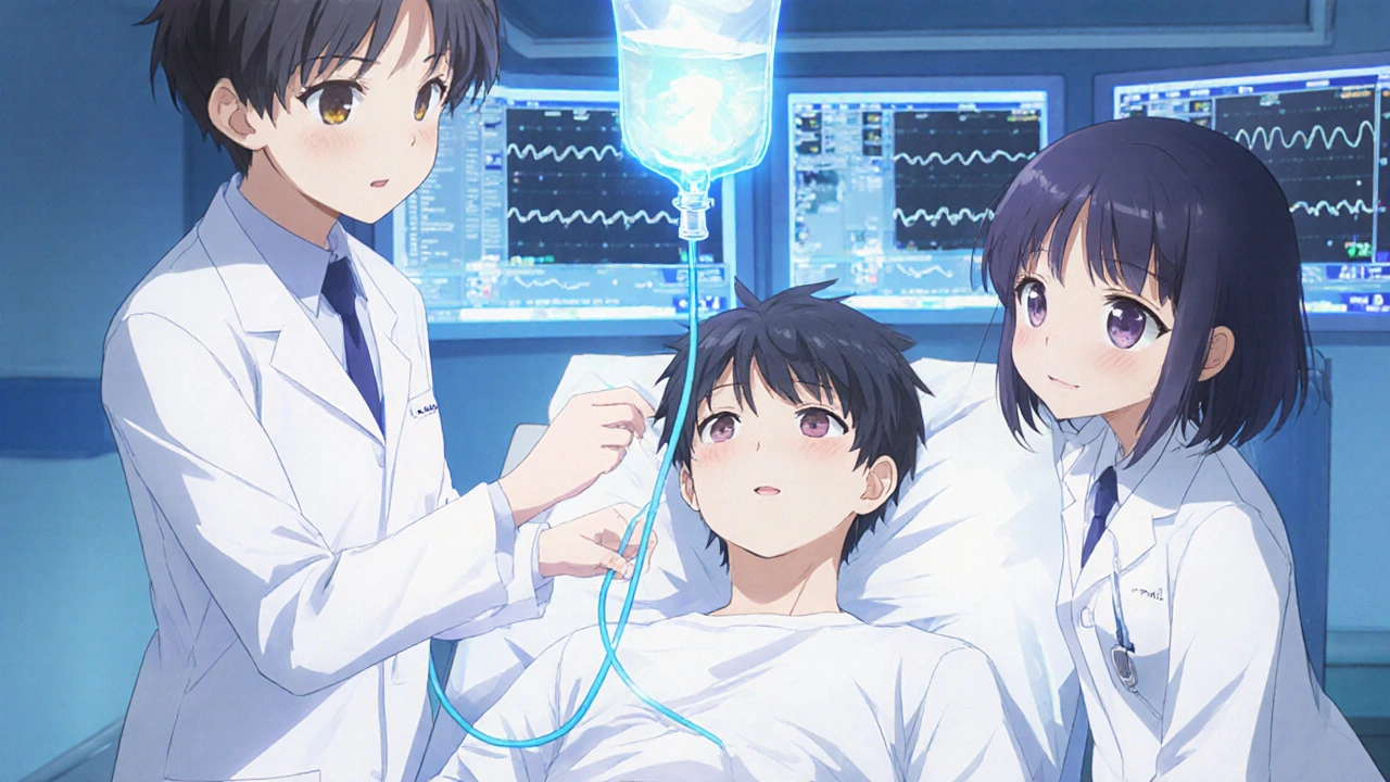 Doctors administering IV saline to a patient in an emergency department.