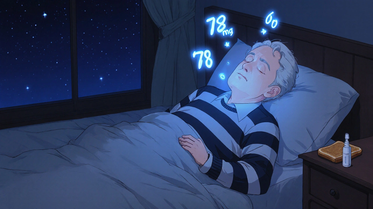 Elderly man sleeping peacefully with a glucose sensor glowing softly at night