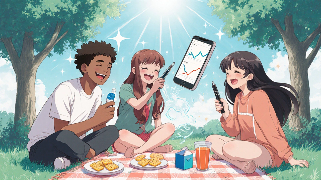 Friends in a park celebrating diabetes management with glucose supplies and tech