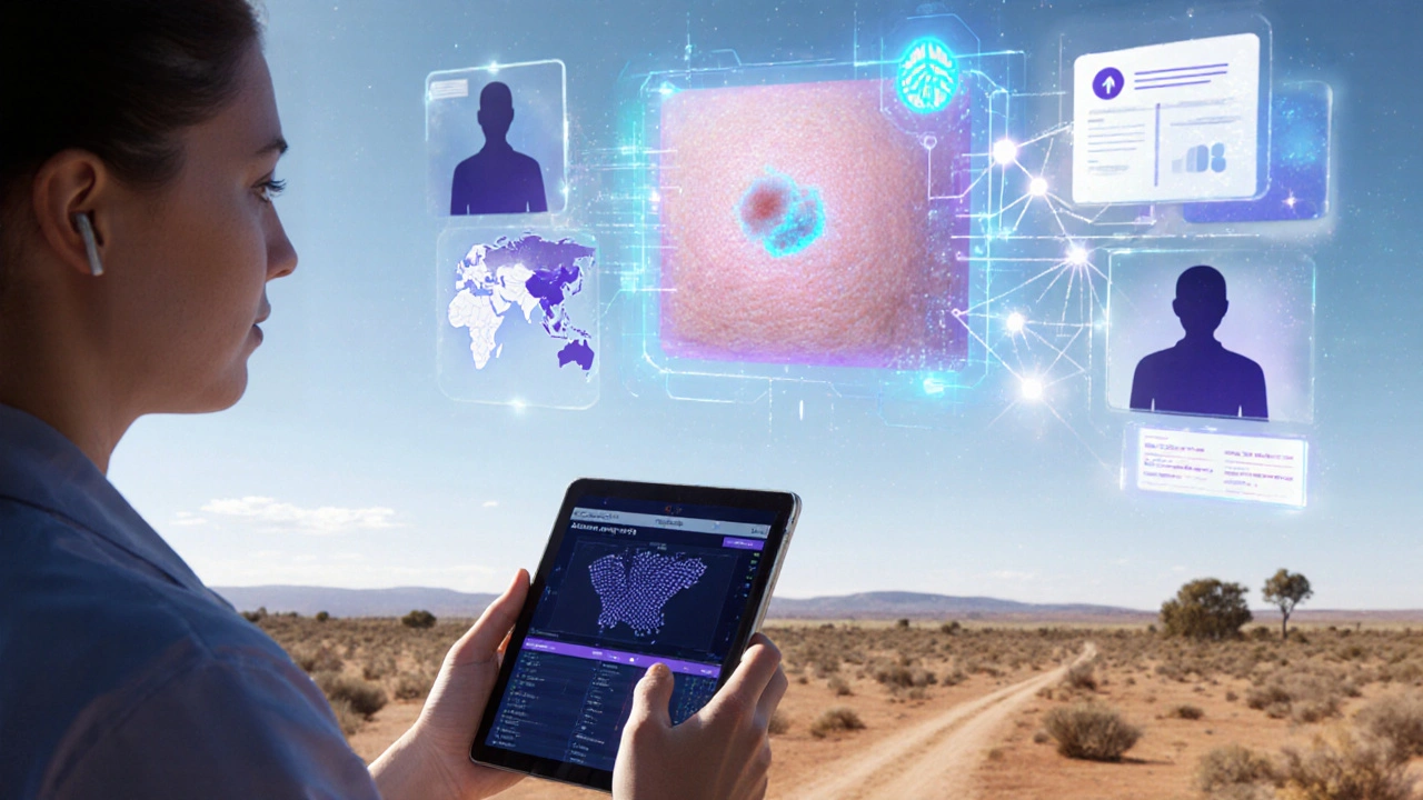Futuristic AI hub analyzing skin lesion remotely, with partner‑notification network shown.