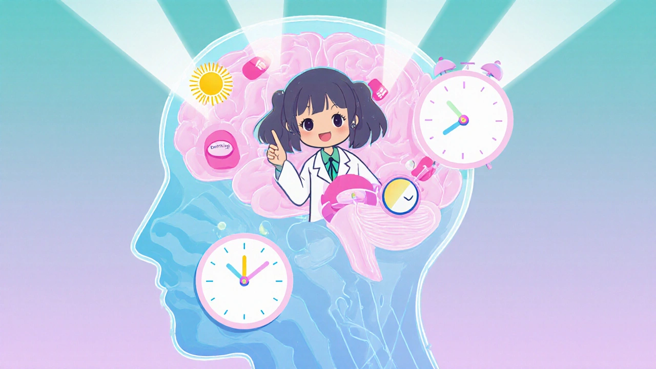 Girl inside a brain model pointing at glowing receptors with two floating tablets.