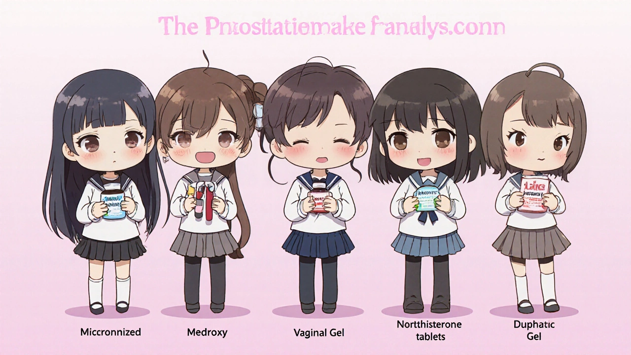 Group of moe characters each displaying a different progesterone form.