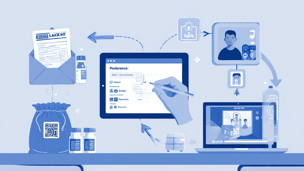 Illustrated telemedicine workflow: virtual visit, mailed lab kit, results upload, e‑prescription delivery.