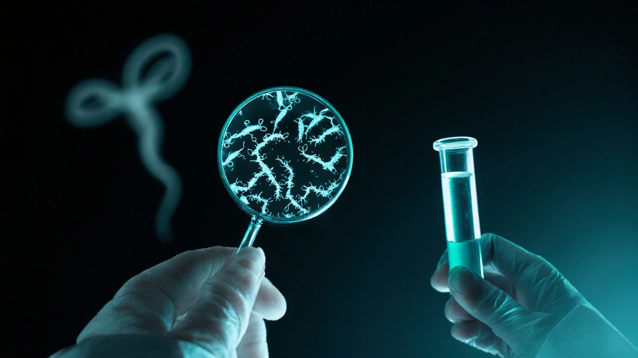 Lab view of sperm cells under a microscope with a test tube, highlighting male fertility.