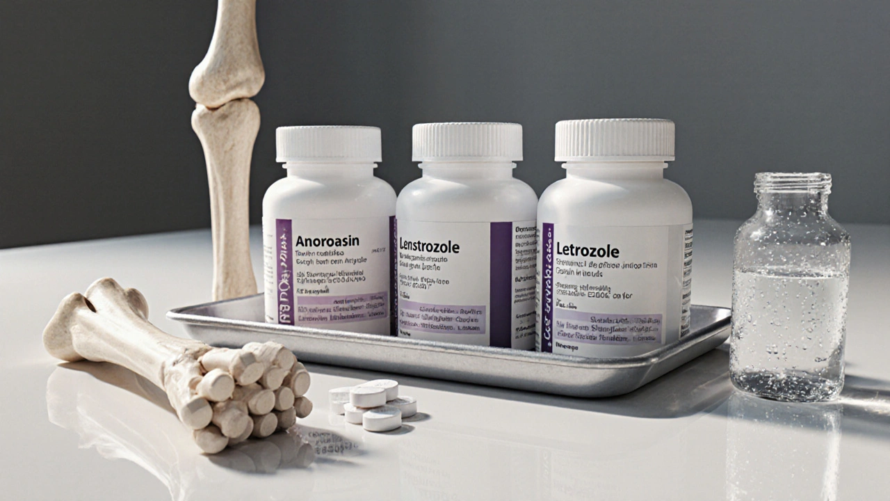 Laboratory counter with four pill bottles, bone model, and cholesterol vial.