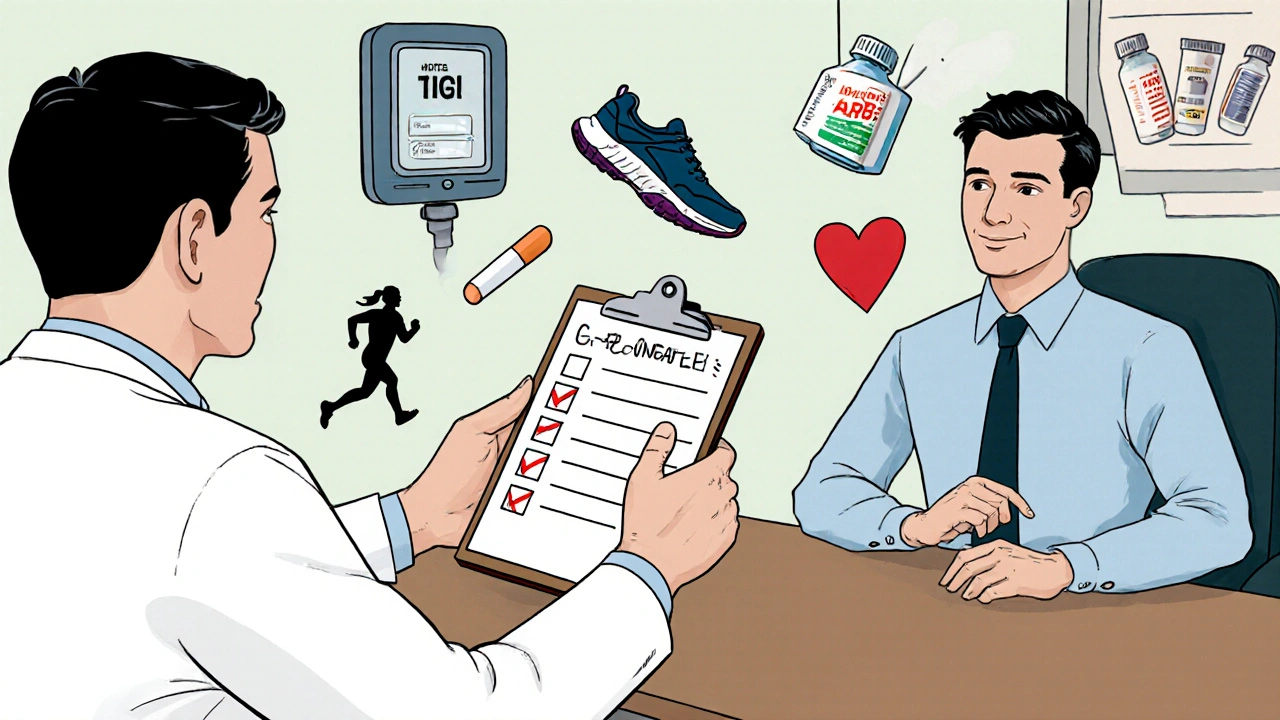Man and doctor discuss medication options with lifestyle icons in a comic scene.
