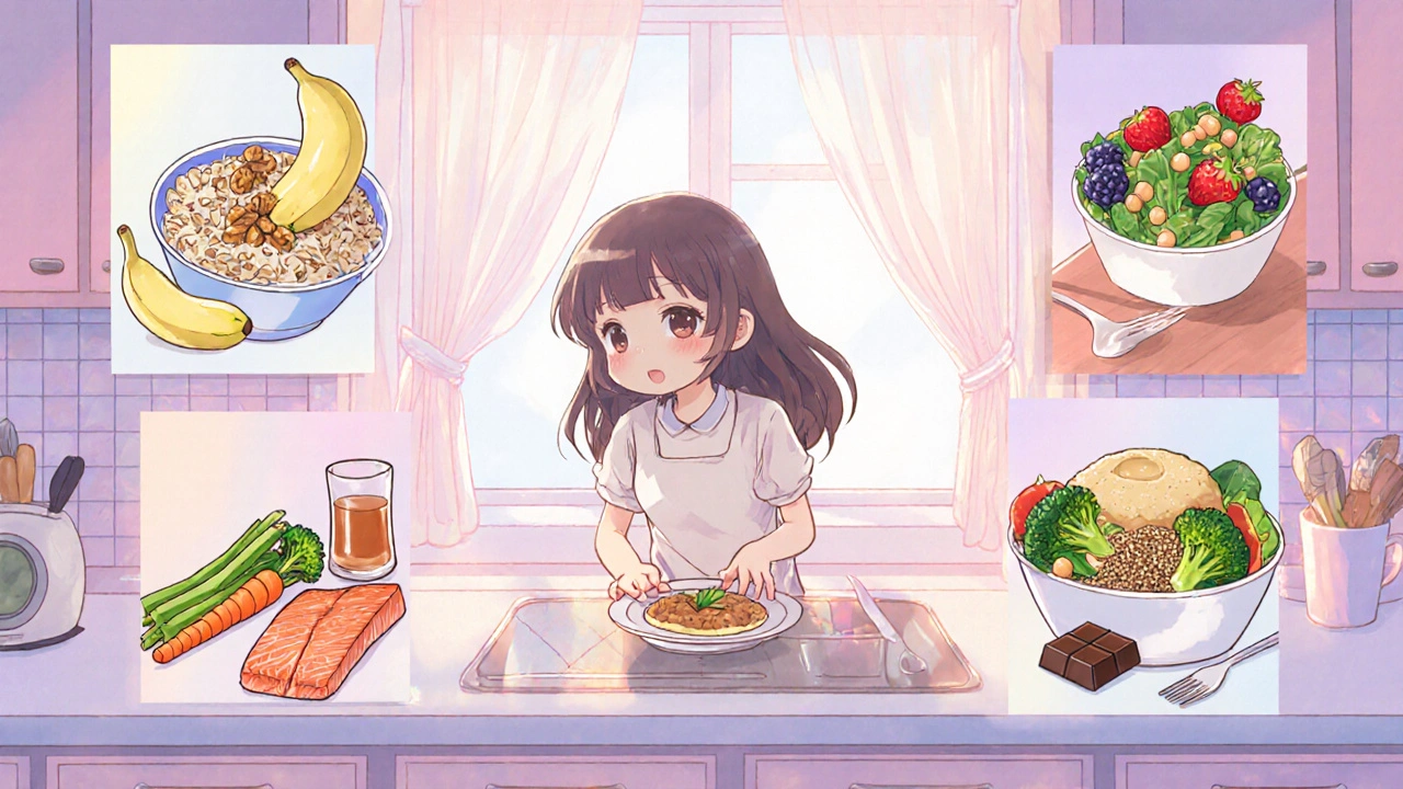 Moe‑style character arranging a day’s meals—oatmeal breakfast, salad lunch, salmon dinner—in a pastel kitchen, conveying balanced hypertension diet.