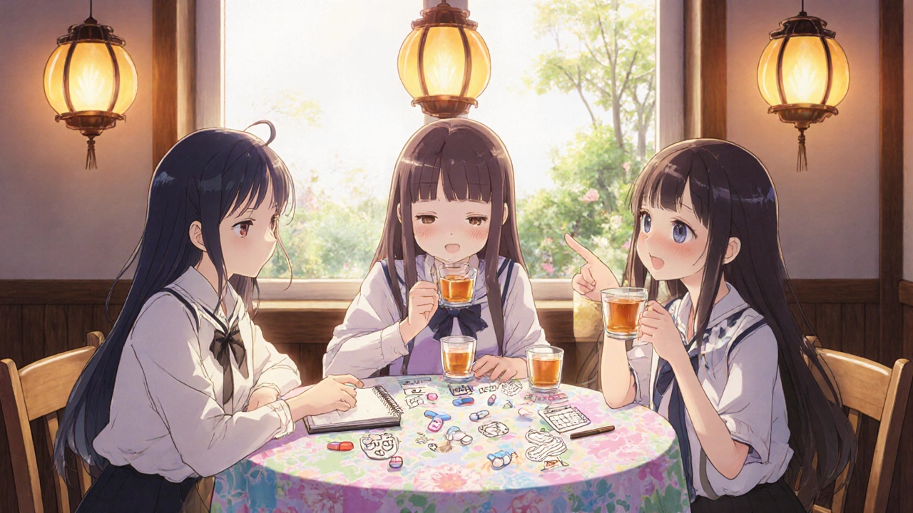 Moe style friends gathering at a café, sharing support, warm lighting.