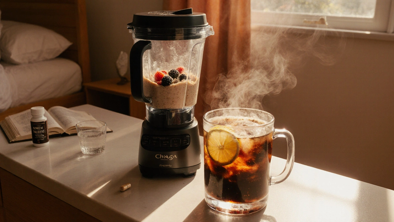 Morning tea, post‑workout shake, and evening Reishi capsule displayed in a home setting.