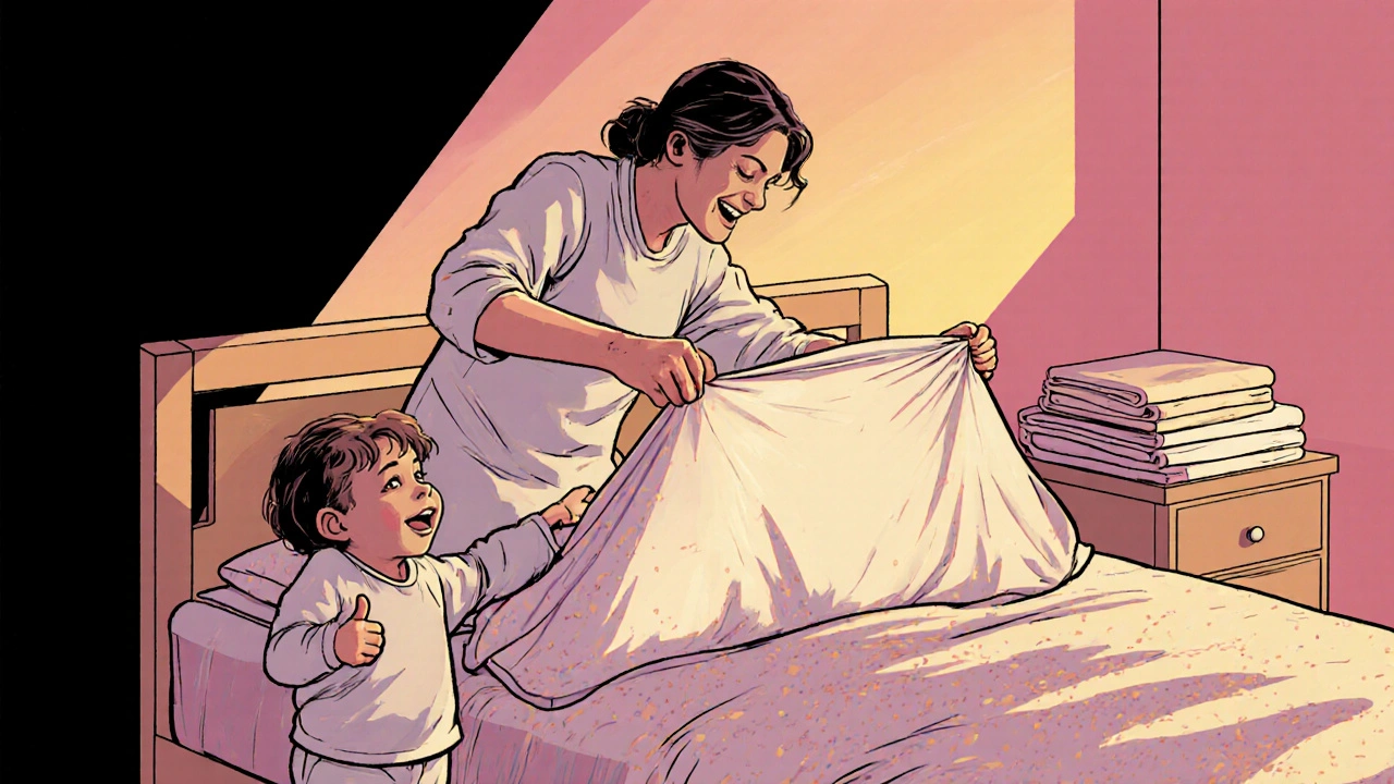 Parent quickly refits a waterproof protector while child smiles in sunrise light.
