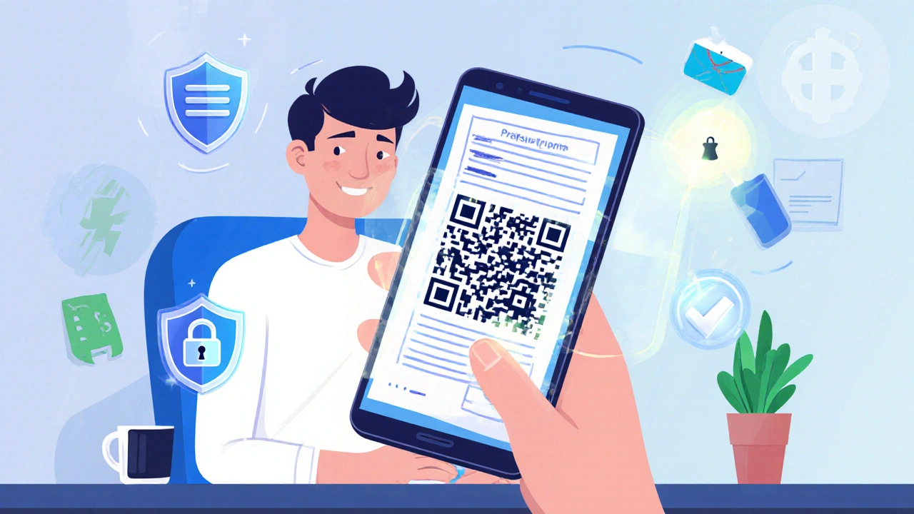 Person scanning a prescription on a phone with lock and HTTPS icons indicating secure upload.