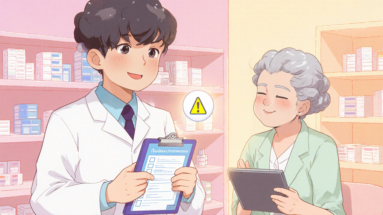 Pharmacist discussing medication safety with an elderly patient, AI alert visible.