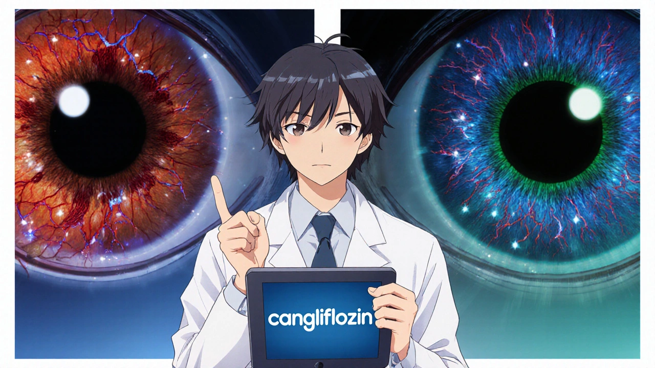 Side‑by‑side view of damaged retina and improved retina after treatment.