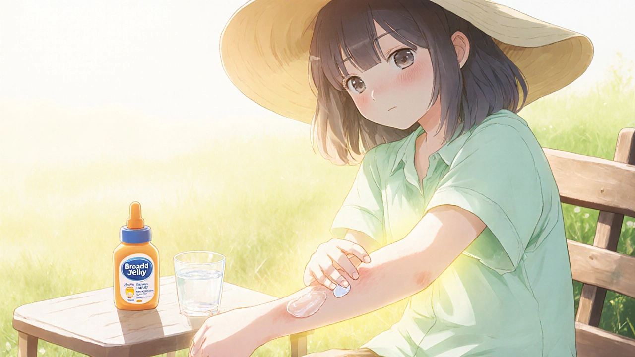 Teen applying ointment to healed arm, wearing hat, with a protective glow around the skin.