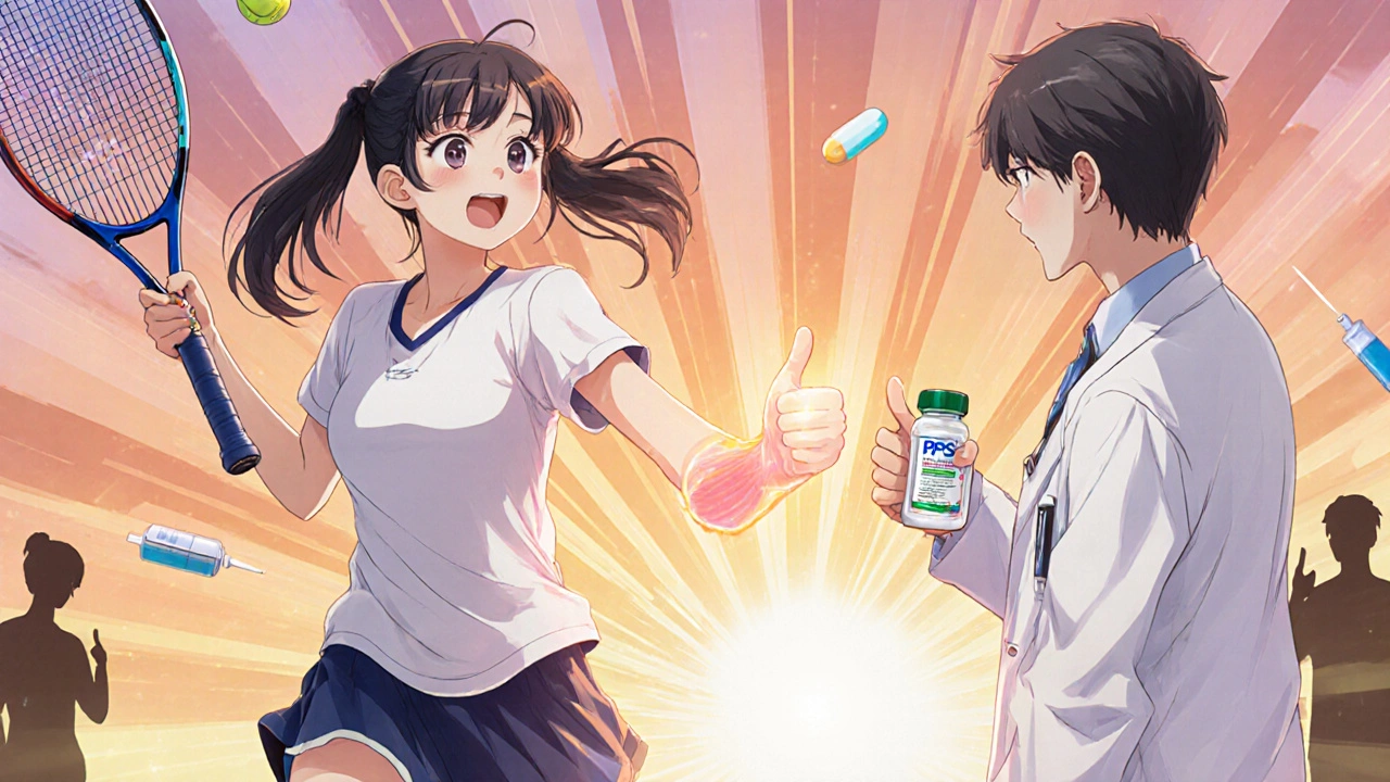 Teen athlete serving with a healthy elbow, doctor giving a thumbs‑up with PPS bottle.