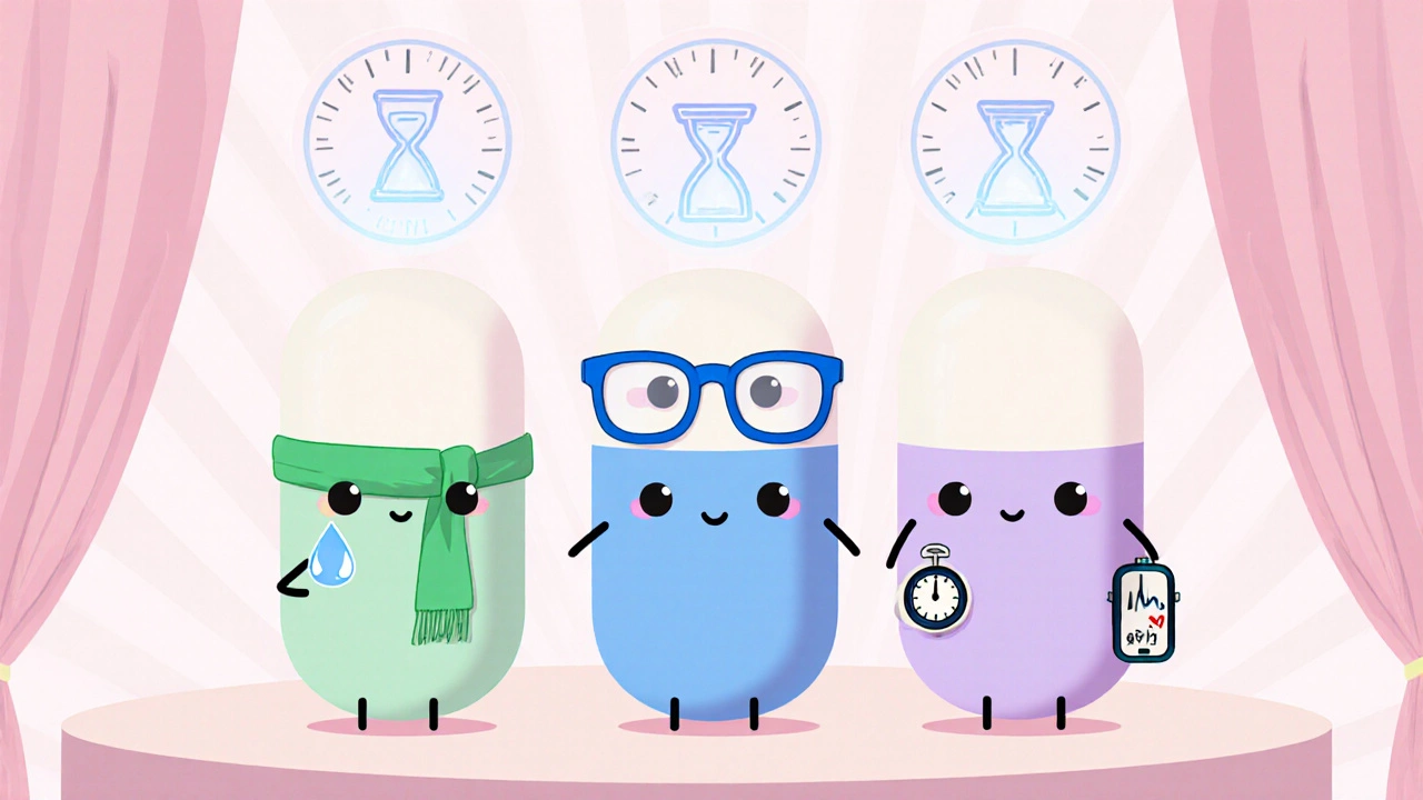 Three cute pill characters showing side‑effects with visual symbols on a pastel stage.