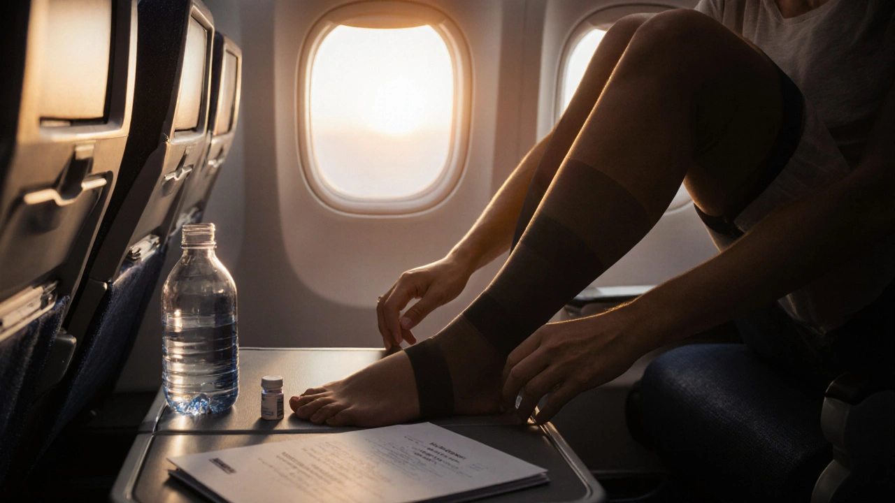 Traveler wearing compression stockings, drinking water and moving legs to prevent clots.