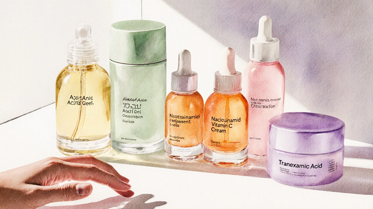 Watercolor scene of assorted skincare bottles on a vanity with a hand reaching out.