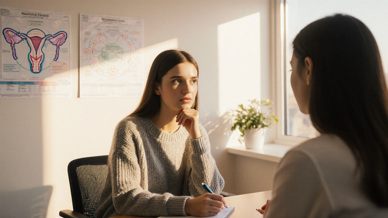 Woman consulting with an endocrinologist in a sunlit office, discussing fertility concerns.