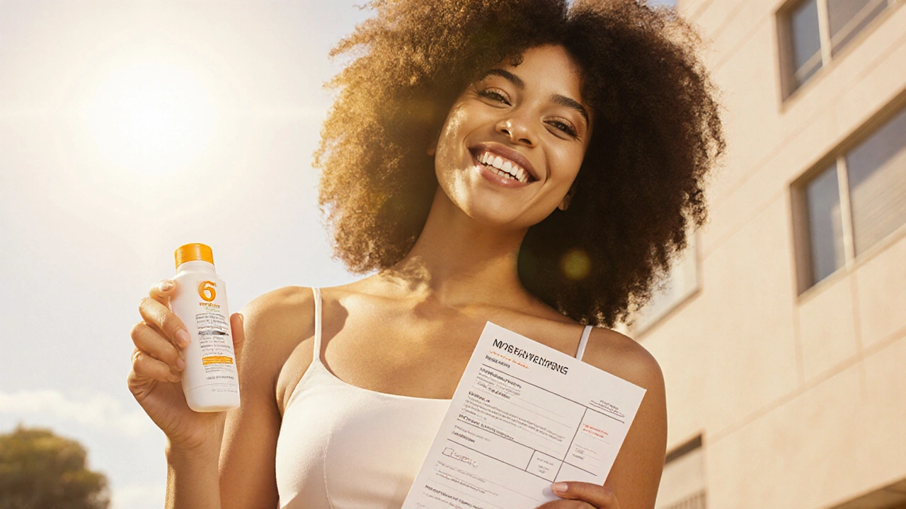 Woman with radiant skin outdoors, holding a prescription pad and sunscreen bottle.
