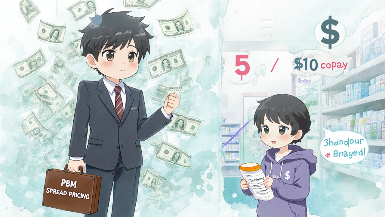 A cartoon PBM character hides financial discrepancies behind dollar bills while a patient looks puzzled.