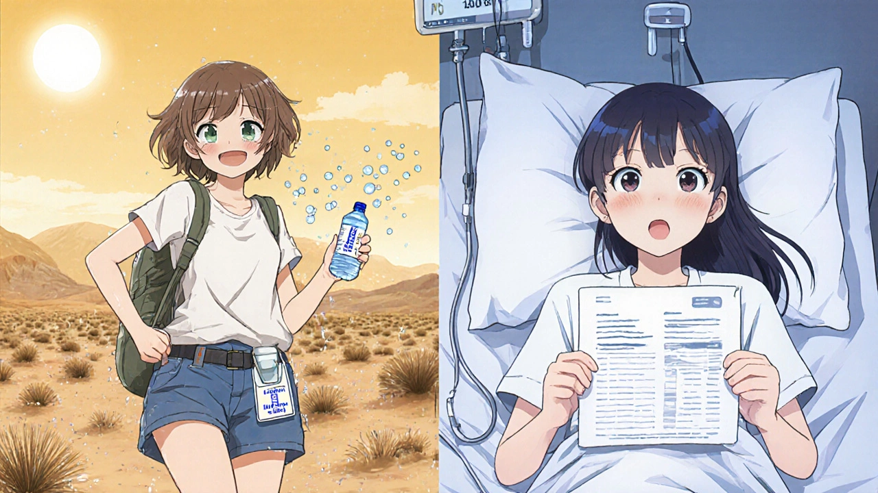 A character hiking in the sun with a water bottle, then in a hospital bed realizing the danger of lithium toxicity.