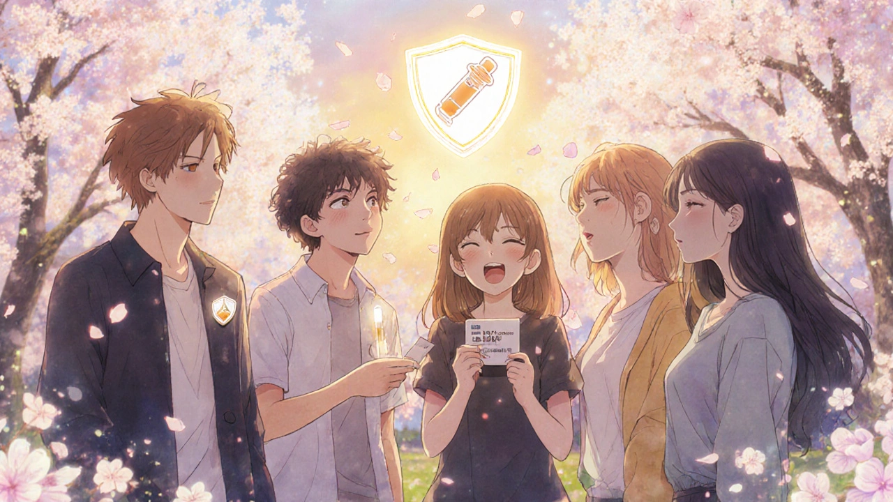 A diverse group of friends laughing in a park, one holding a vaccination card with cherry blossoms falling.
