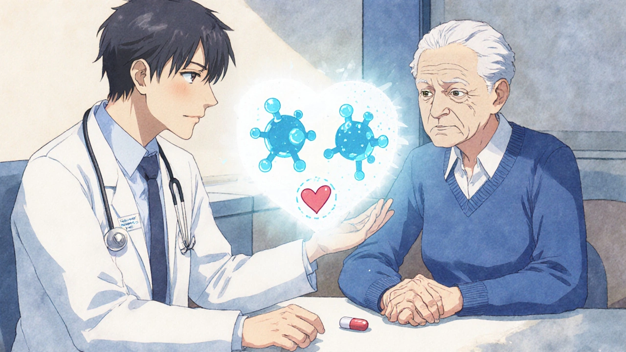 A doctor and elderly patient sit together as glowing molecular structures float between them in a clinic room.