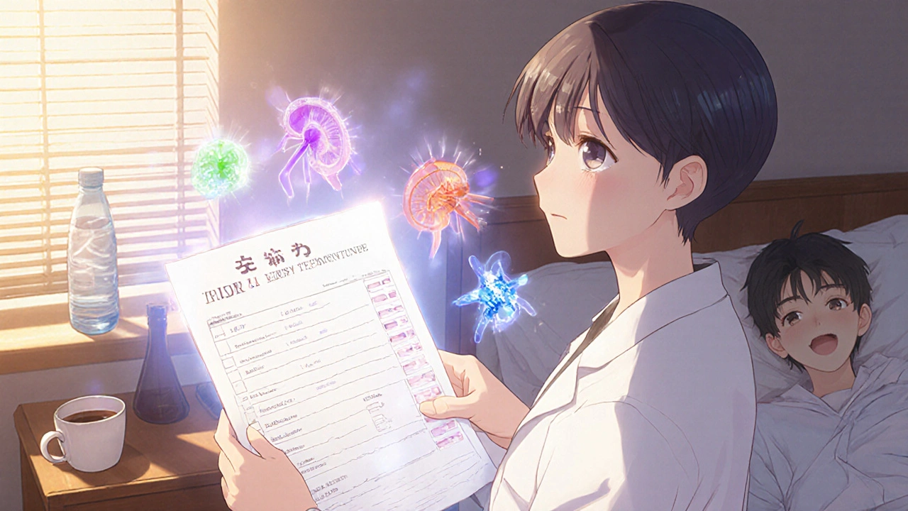 A doctor reviewing a blood test with glowing kidney health indicators beside a patient’s bedside.