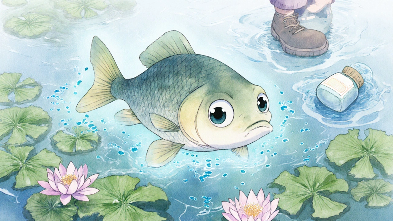 A fish swimming through polluted water with faint antibiotic particles and floating pill bottle upstream.