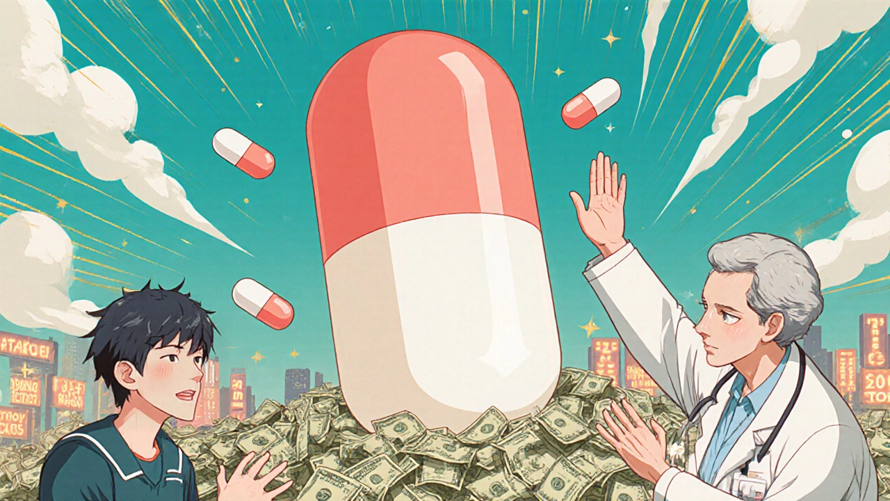 A giant generic pill rises like a hero over dollar bills while diverse patients reach out in hopeful awe.