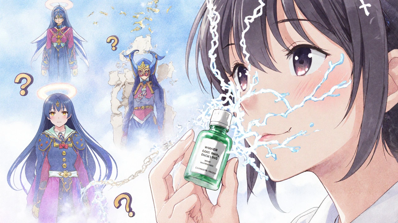 A girl applying RNA serum that vanishes into smoke, while vitamin C and peptides glow as protective heroes.