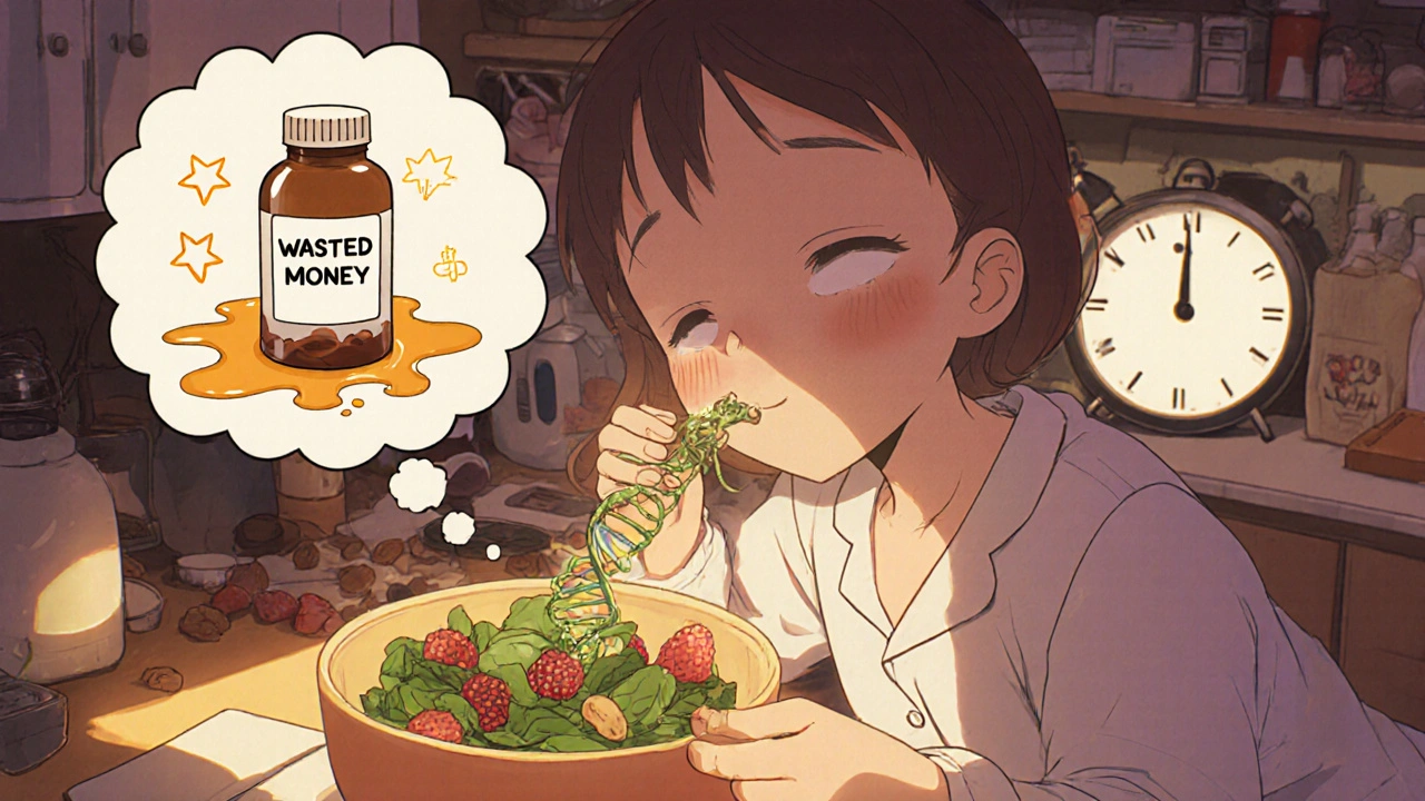 A girl eating healthy food in pajamas with friendly DNA fireflies glowing inside her body.